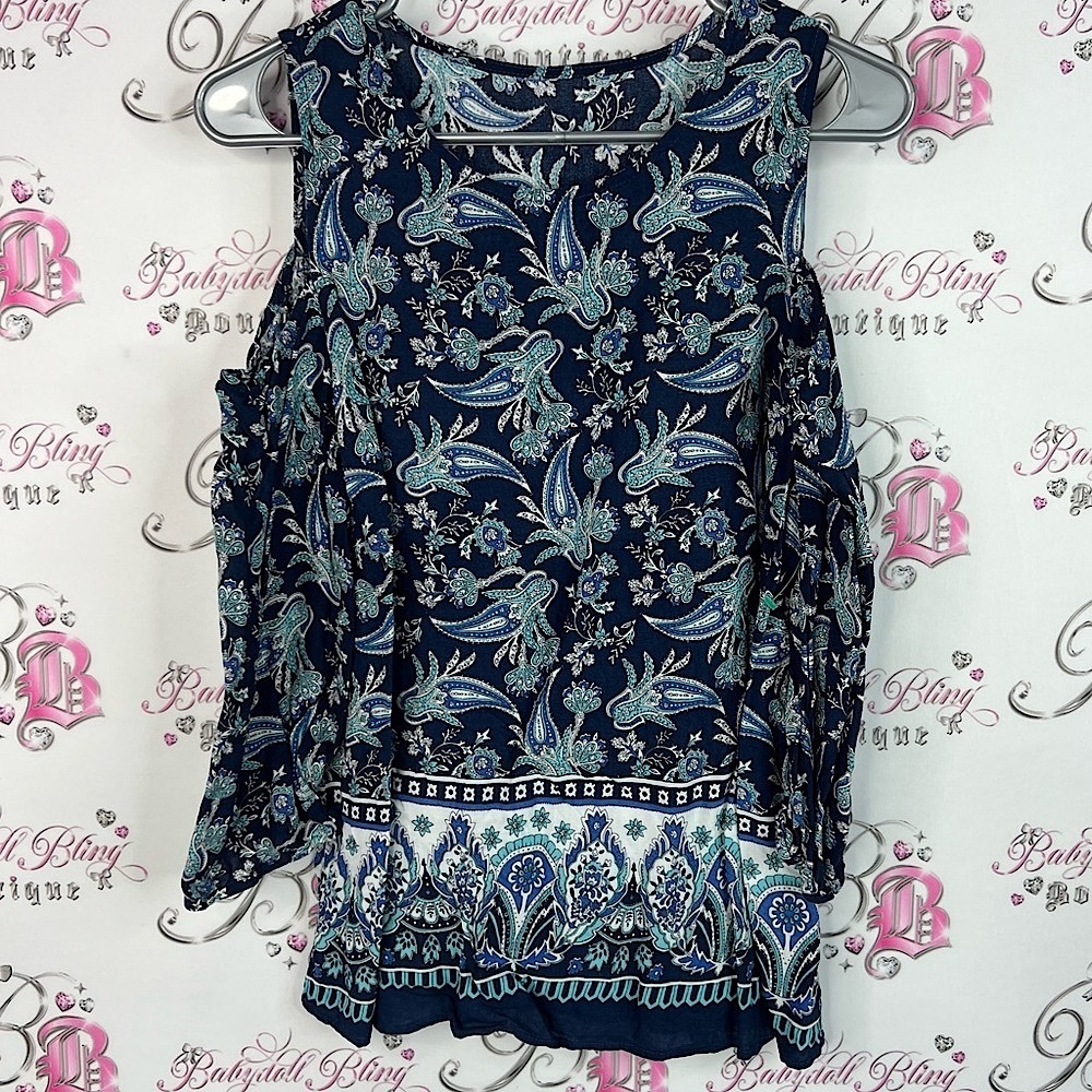 Long sleeve paisley cold shoulder open sleeve Floral Navy Blue Women's Top